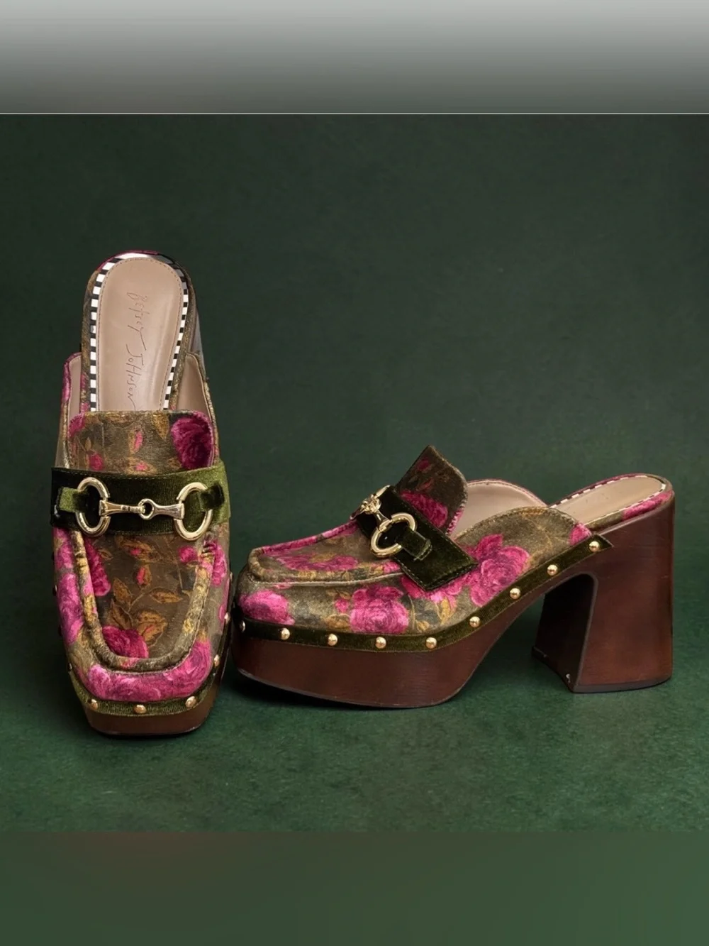 Betsey Johnson AYDIN Floral Velvet Platform Mules Groovy 70s Mod Heels Size 9.5
